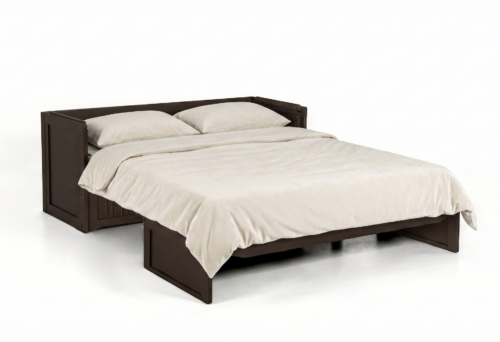 Dark brown wooden bed frame with beige sheets, blanket, and two pillows on a white background.