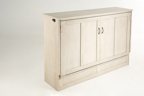 Light-colored wooden cabinet with two central doors and black handles in a studio setting.] ,