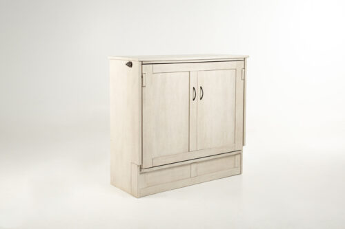 Light, pale wood cabinet with two doors and a top drawer, set against a white studio backdrop.