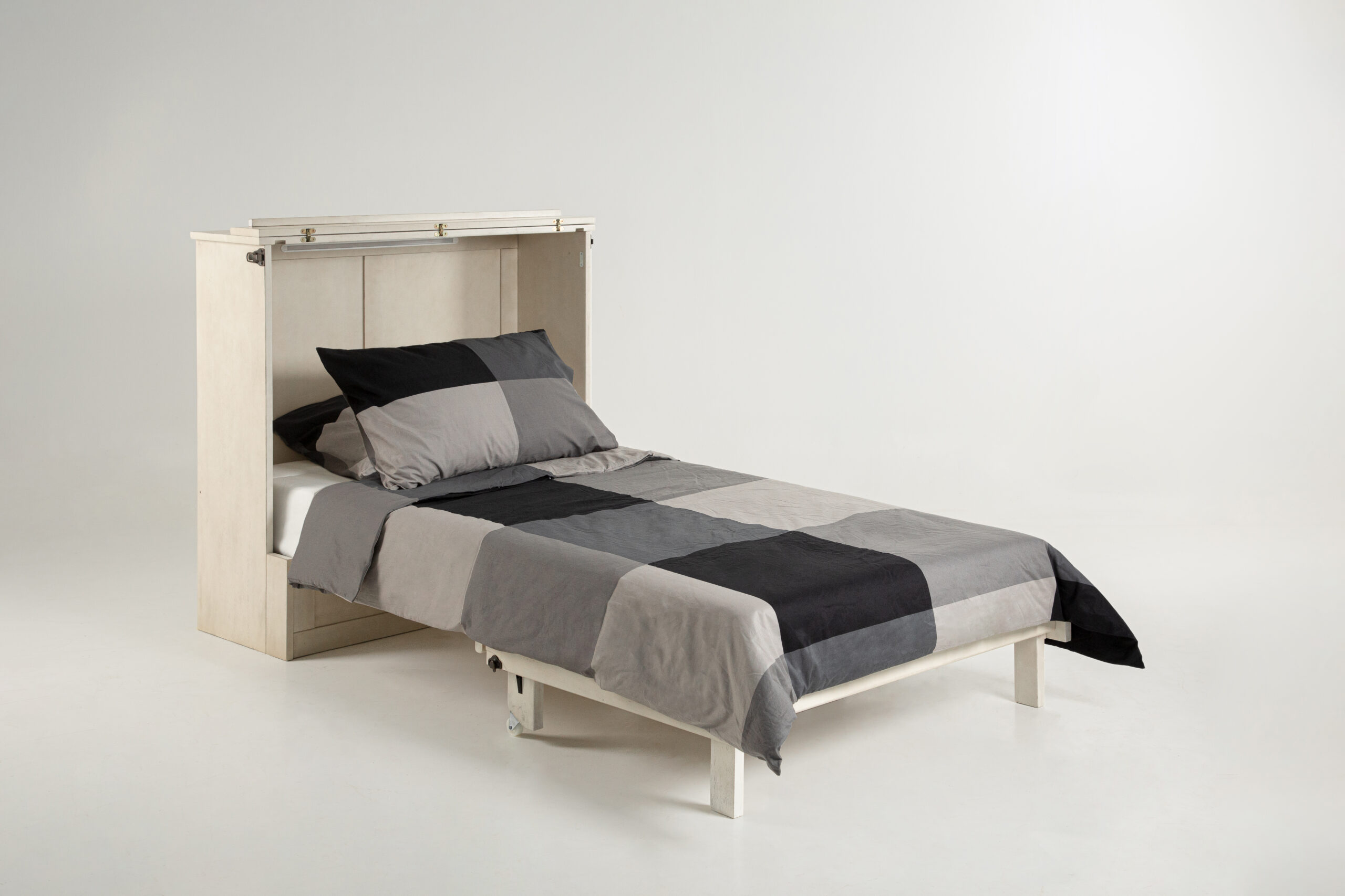 Murphy Express Twin Provence 4 - SDS Cabinet Beds Single bed with a light wood frame and gray striped bedding in a plain white room