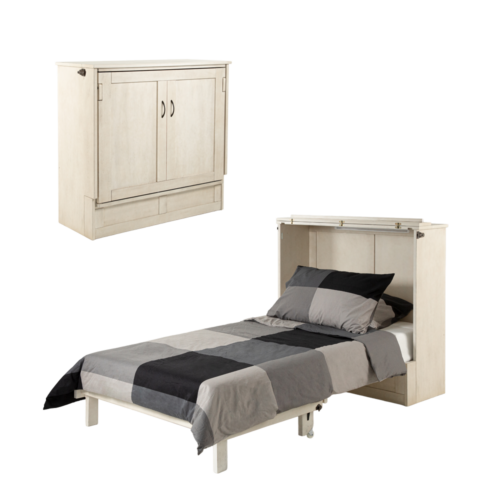 Single bed with a light wood frame and gray striped bedding in a plain white room